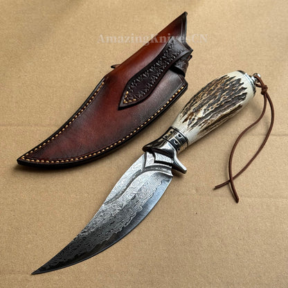 Damascus Survival knife Bowie Knife Hunting Knife Fixed Blade Stag Antler Sheath - AK-HT0746