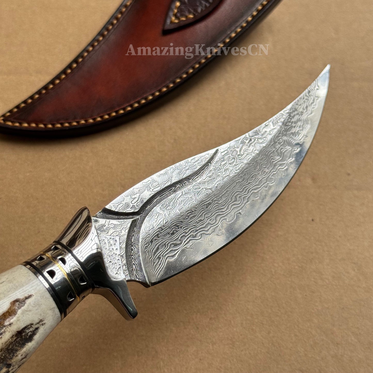 Damascus Survival knife Bowie Knife Hunting Knife Fixed Blade Stag Antler Sheath - AK-HT0746