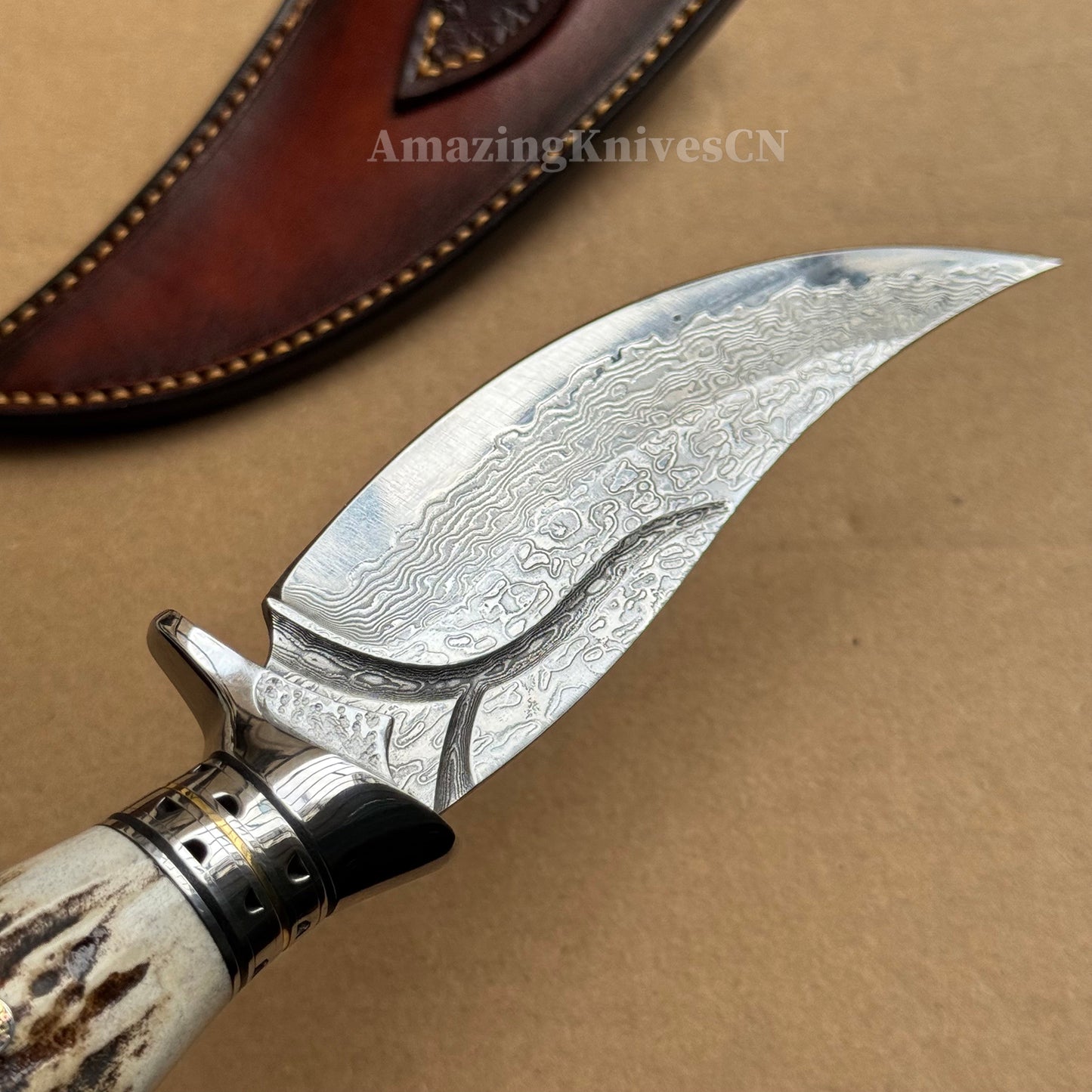 Damascus Survival knife Bowie Knife Hunting Knife Fixed Blade Stag Antler Sheath - AK-HT0746