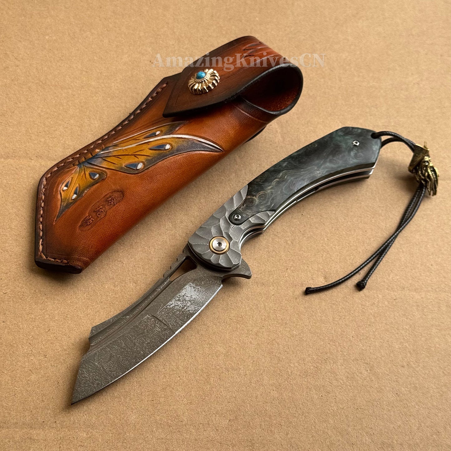 Tactical Wootz Steel Folding Knife Flipper Ball Bearings with Sheath - AK-HT0744-WZ