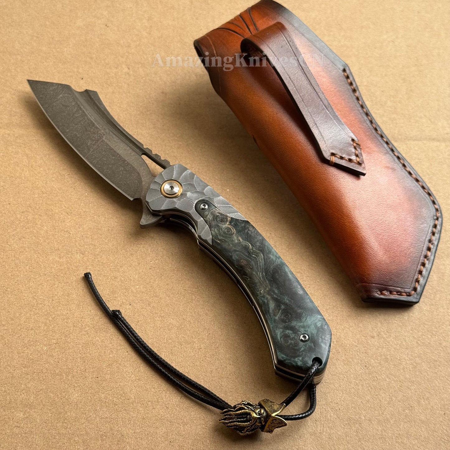Tactical Wootz Steel Folding Knife Flipper Ball Bearings with Sheath - AK-HT0744-WZ