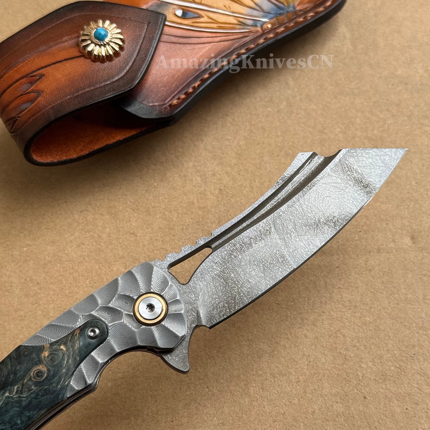 Tactical Wootz Steel Folding Knife Flipper Ball Bearings with Sheath - AK-HT0744-WZ