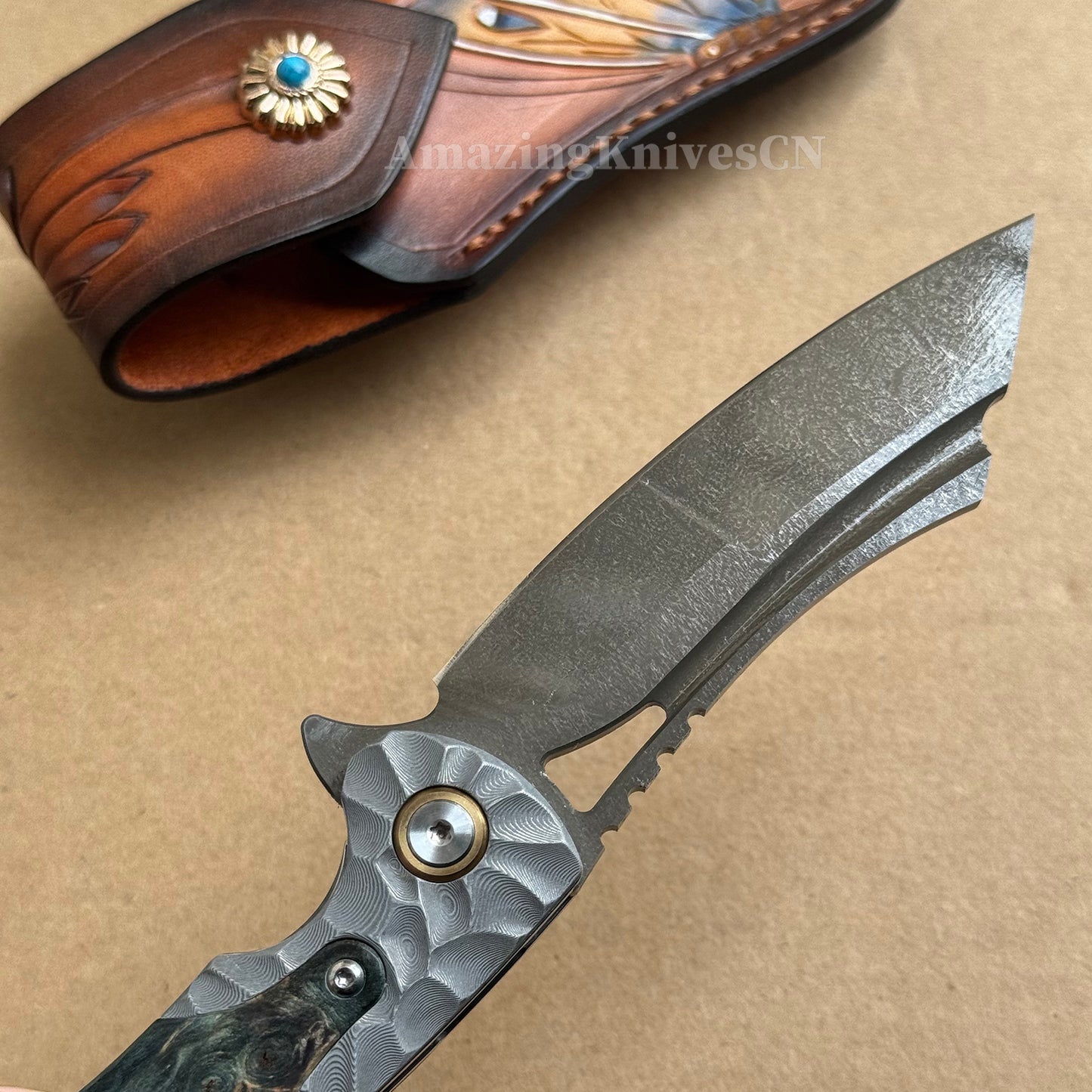 Tactical Wootz Steel Folding Knife Flipper Ball Bearings with Sheath - AK-HT0744-WZ