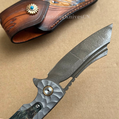 Tactical Wootz Steel Folding Knife Flipper Ball Bearings with Sheath - AK-HT0744-WZ