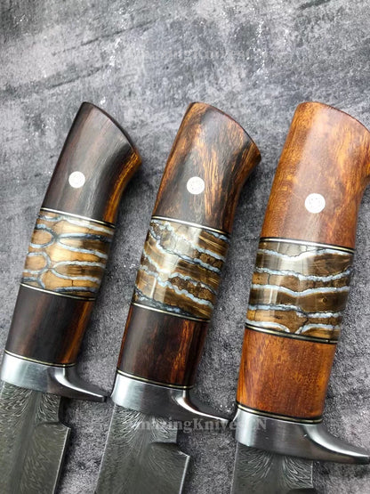 Luxury Handmade Feather Damascus Steel Hunting Knife with Leather Sheath - AK-HT0999