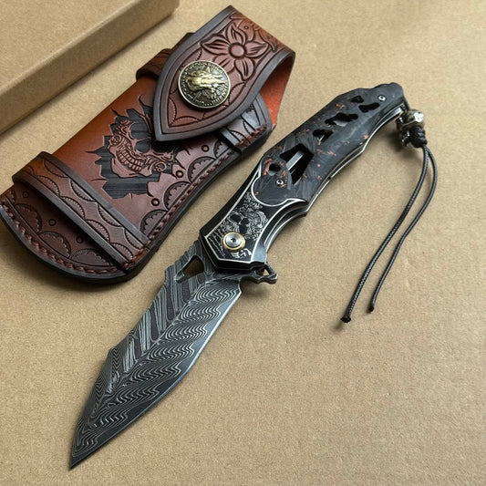 Handmade Damascus Folding Knife Carbon Fiber Copper Powder Handle Pocket Knife - AK-HT1070