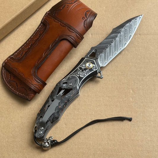 Handmade Damascus Folding Knife Carbon Fiber Copper Powder Handle Pocket Knife - AK-HT1070