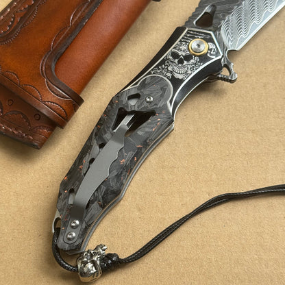 Handmade Damascus Folding Knife Carbon Fiber Copper Powder Handle Pocket Knife - AK-HT1070