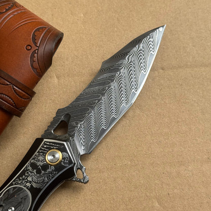 Handmade Damascus Folding Knife Carbon Fiber Copper Powder Handle Pocket Knife - AK-HT1070