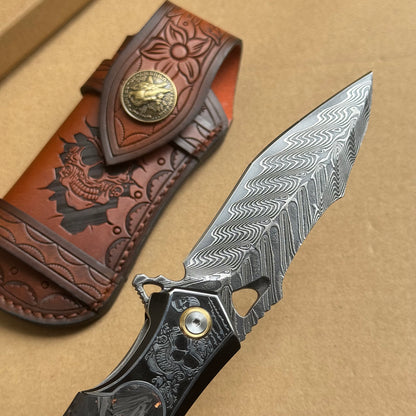Handmade Damascus Folding Knife Carbon Fiber Copper Powder Handle Pocket Knife - AK-HT1070