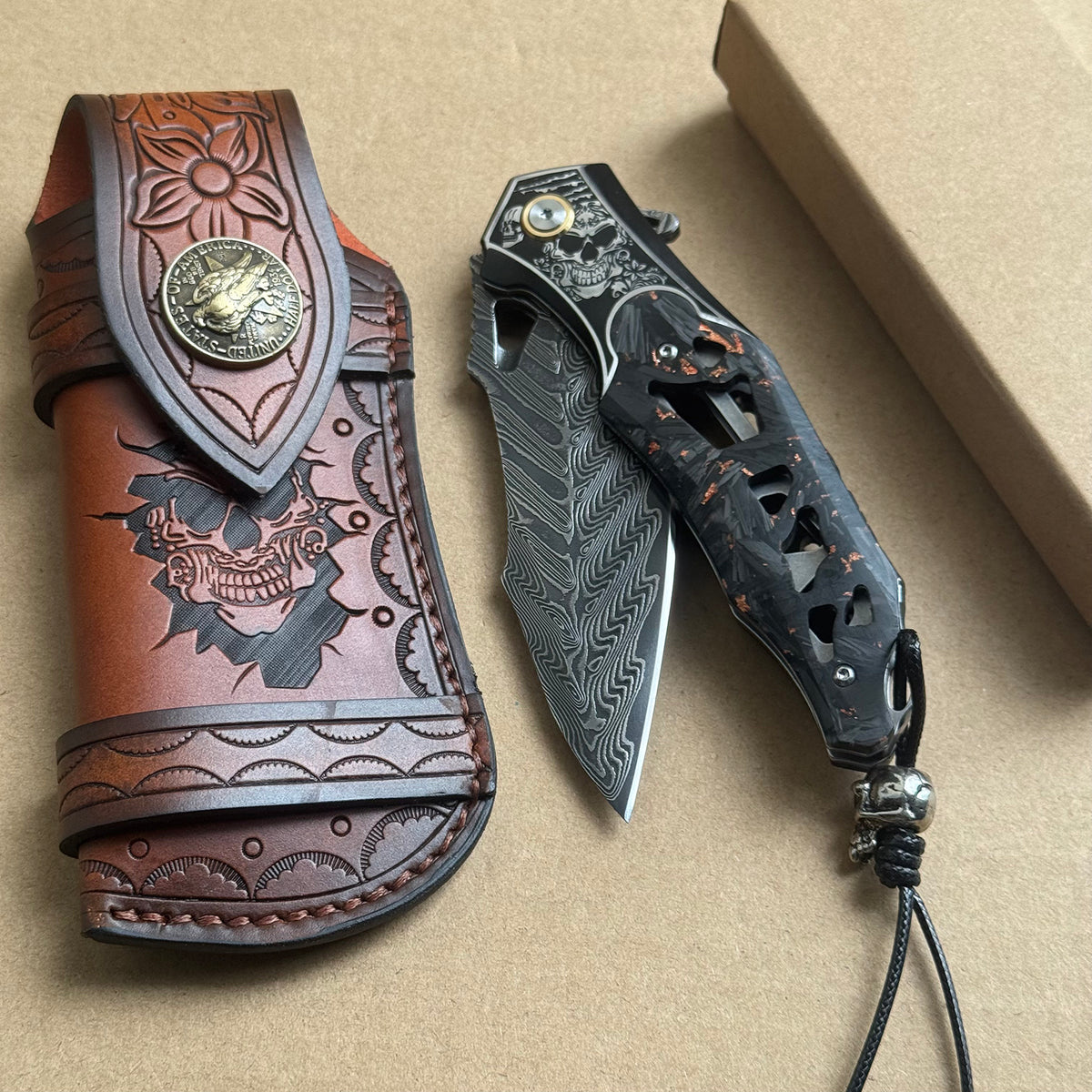Handmade Damascus Folding Knife Carbon Fiber Copper Powder Handle Pocket Knife - AK-HT1070