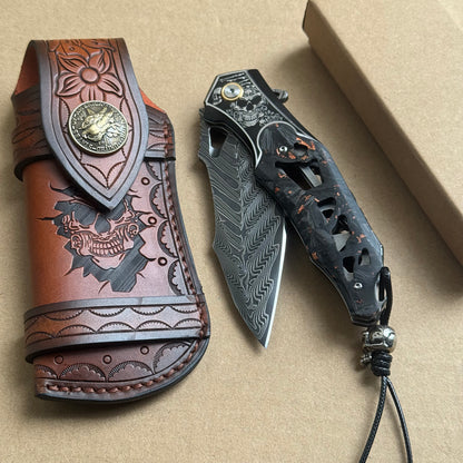 Handmade Damascus Folding Knife Carbon Fiber Copper Powder Handle Pocket Knife - AK-HT1070