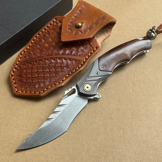 M390 Pocket Knife Desert Ironwood Folding Knife w/Sheath - AK-HT0984