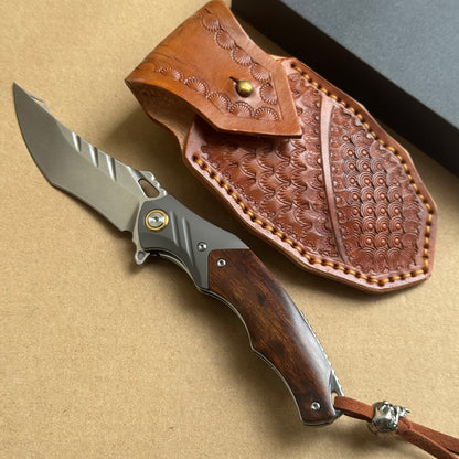 M390 Pocket Knife Desert Ironwood Folding Knife w/Sheath - AK-HT0984