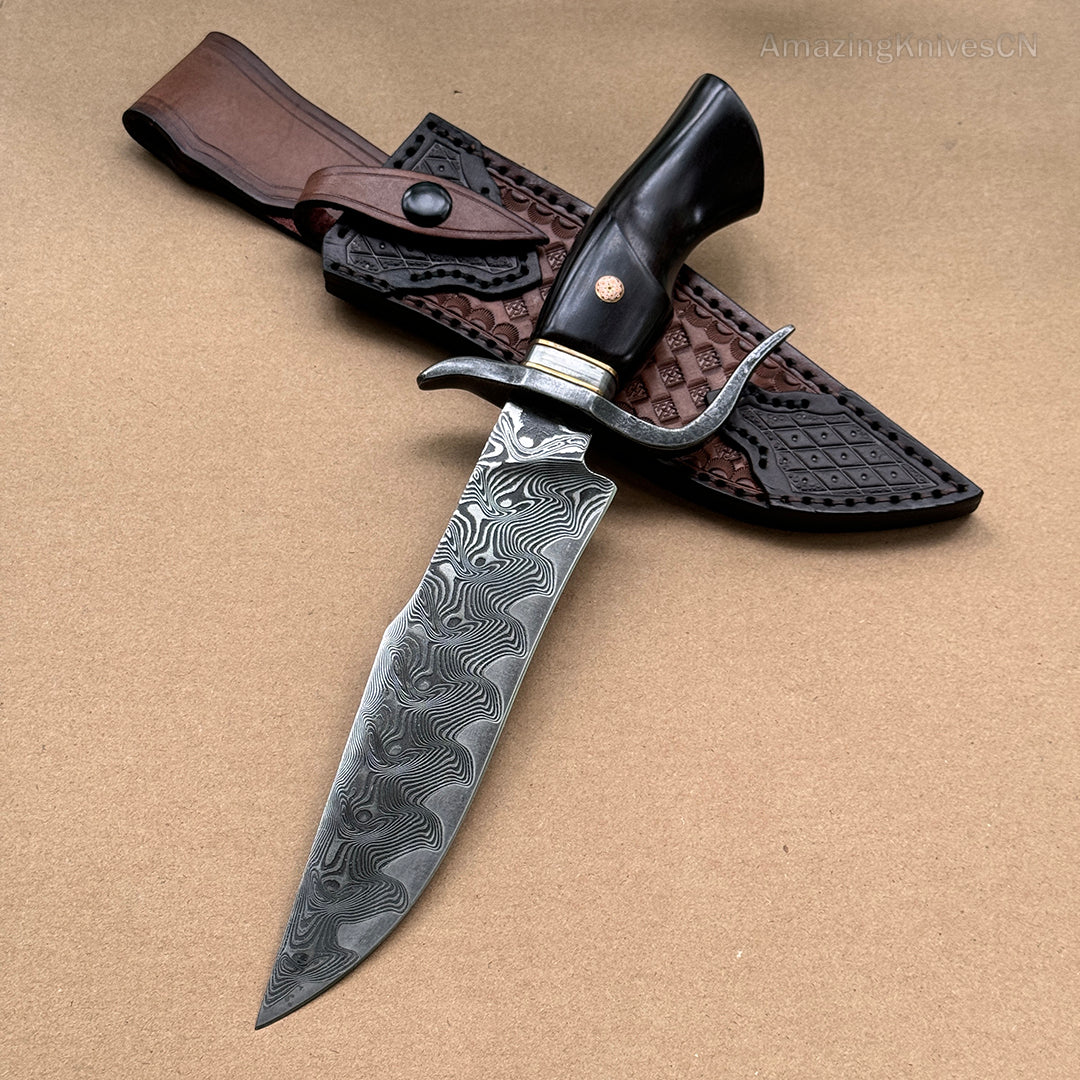 Handmade VG10 Damascus Steel Hunting Knife Survival Bowie Knife w/ Sheath Outdoor - AK-HT0638-S2