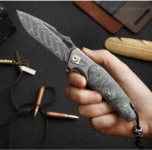 Handmade Japanese VG10 Damascus Folding Pocket Knife Stabilized Wood Handle w/ Clip - AK-HT0976