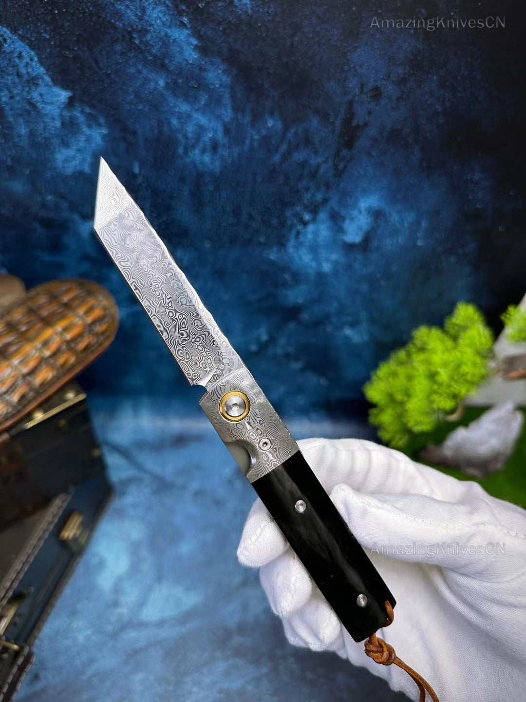 Damascus Steel Pocket Knife Folding Bone Handle Ball Bearings Survival Tanto - AK-HT0849