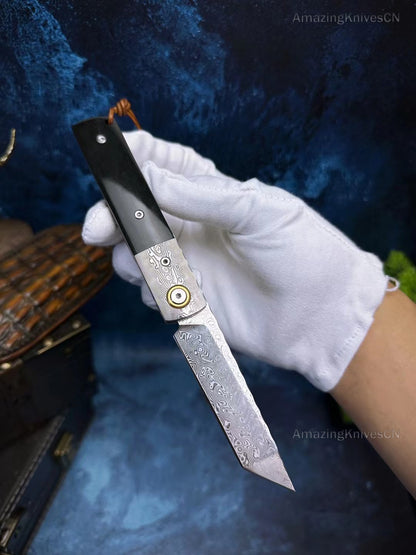 Damascus Steel Pocket Knife Folding Bone Handle Ball Bearings Survival Tanto - AK-HT0849