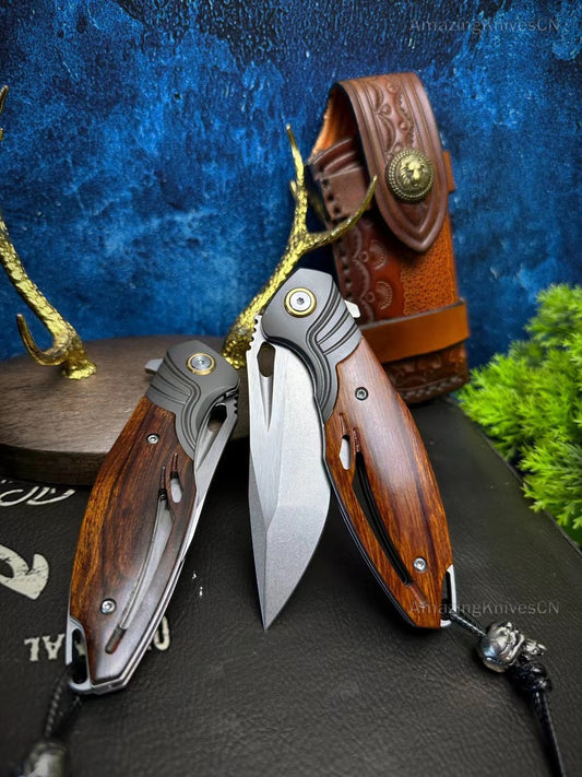 M390 Blade Pocket Knife Tactical Flipper Ceramic Ball Bearings Desert Ironwood - AK-HT0850