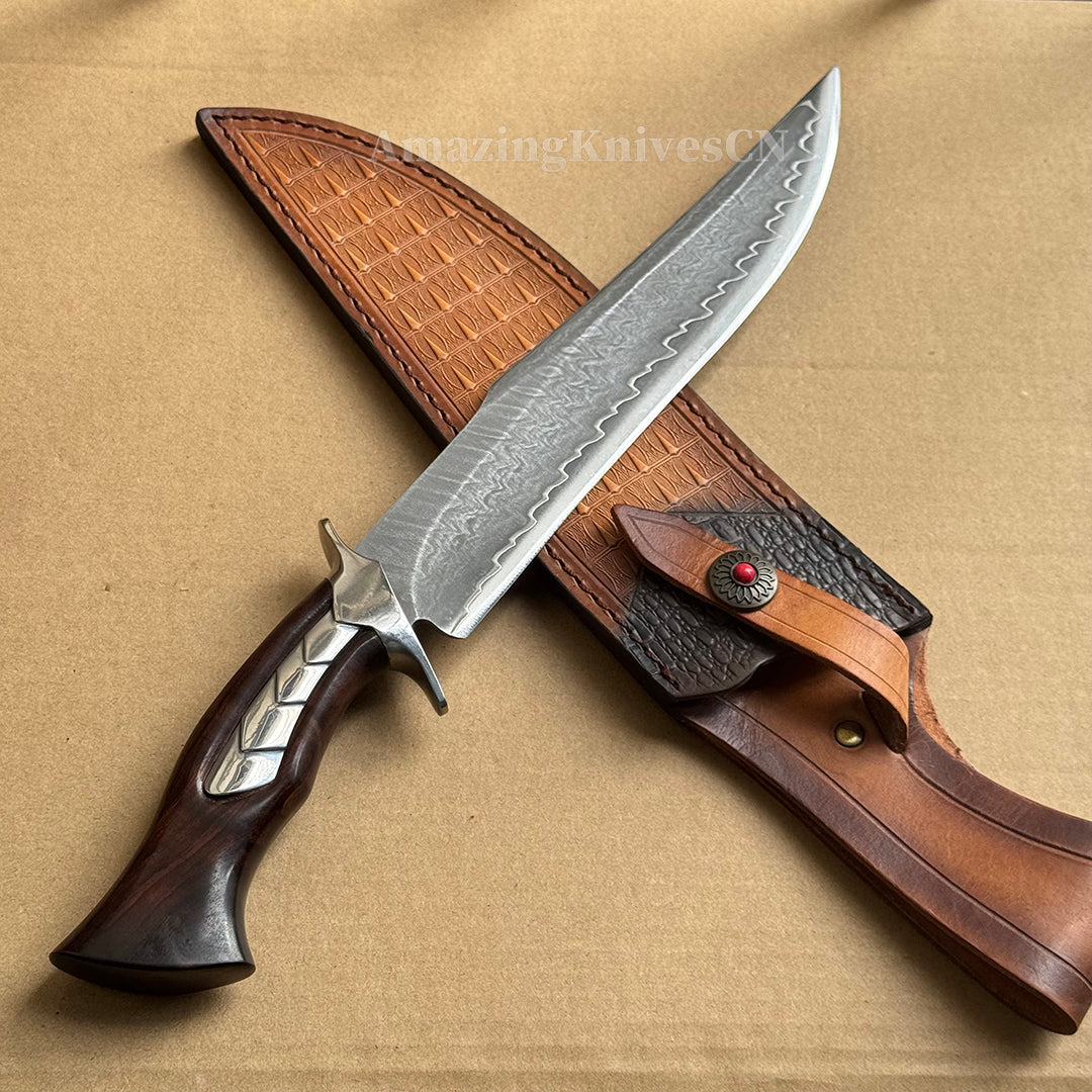 HAND FORGED DAMASCUS HUNTING KNIFE BOWIE KNIVES SURVIVAL SAN MAI - AK-HT0579
