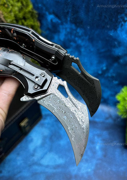 Japanese Damascus Folding Claw Knife Survival Karambit Hunting Ball Bearing Carbon Fiber- AK-HT0855