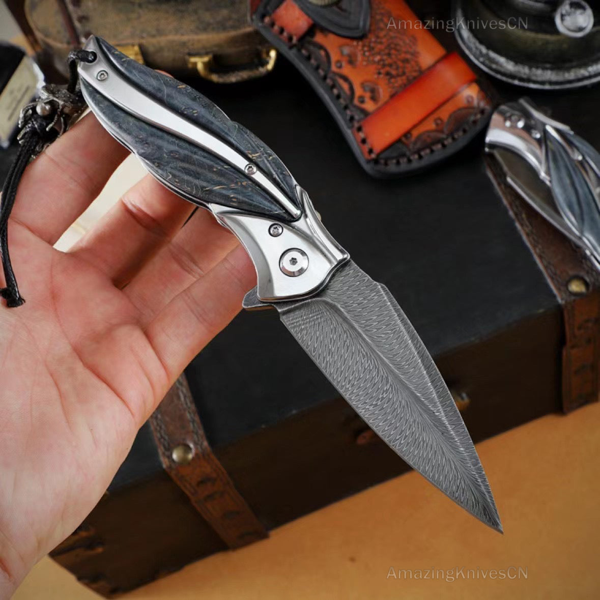 Feather Damascus Steel Folding Knife Pocket Outdoor EDC Flipper Wood Handle with Sheath - AK-HT0682-F