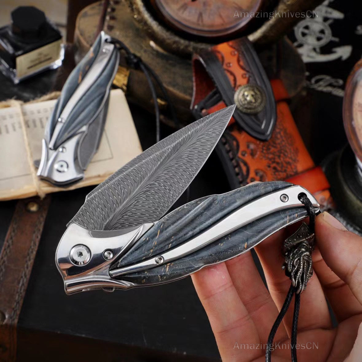 Feather Damascus Steel Folding Knife Pocket Outdoor EDC Flipper Wood Handle with Sheath - AK-HT0682-F