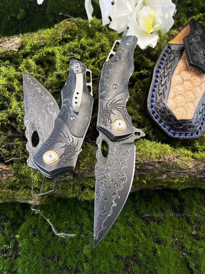 VG10 Damascus Steel Pocket Knife Hunting Knife Survival Folding Stable Wood Clip - AK-HT0954