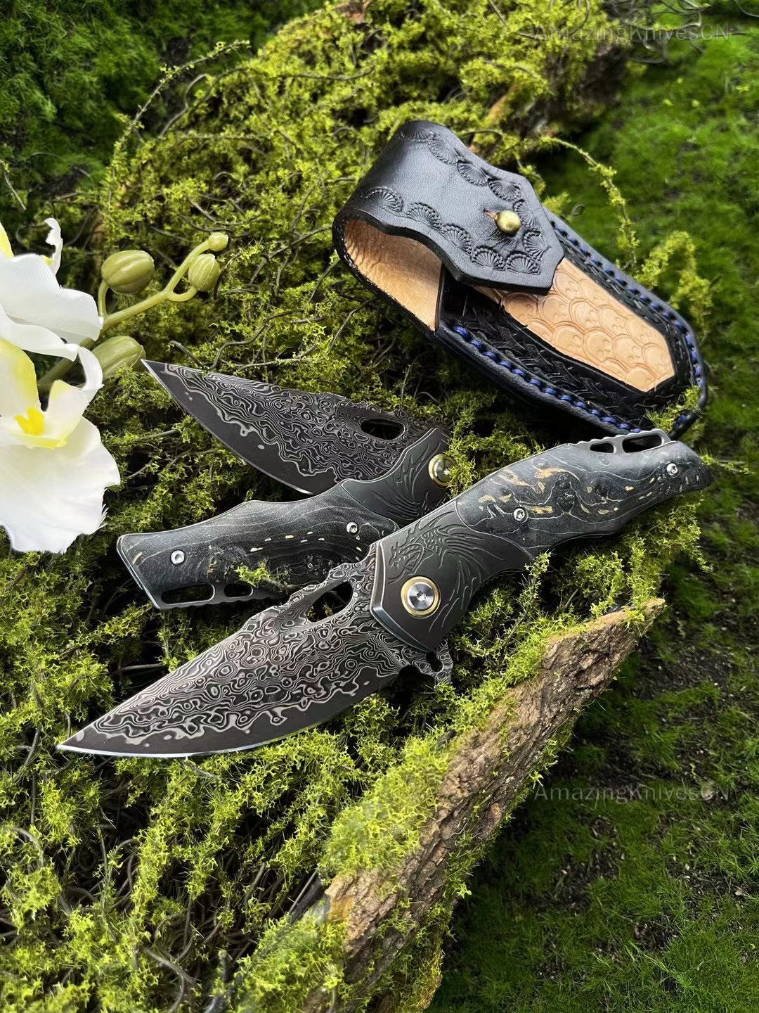 VG10 Damascus Steel Pocket Knife Hunting Knife Survival Folding Stable Wood Clip - AK-HT0954