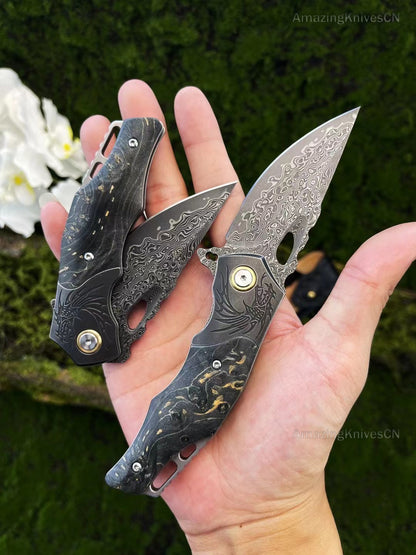 VG10 Damascus Steel Pocket Knife Hunting Knife Survival Folding Stable Wood Clip - AK-HT0954