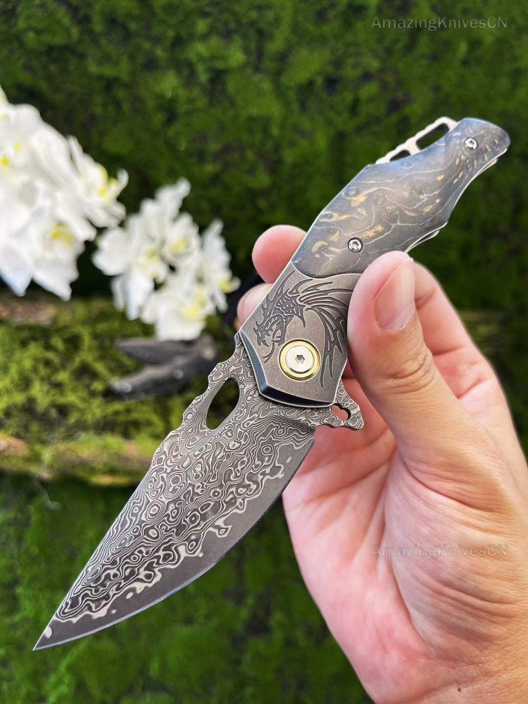 VG10 Damascus Steel Pocket Knife Hunting Knife Survival Folding Stable Wood Clip - AK-HT0954