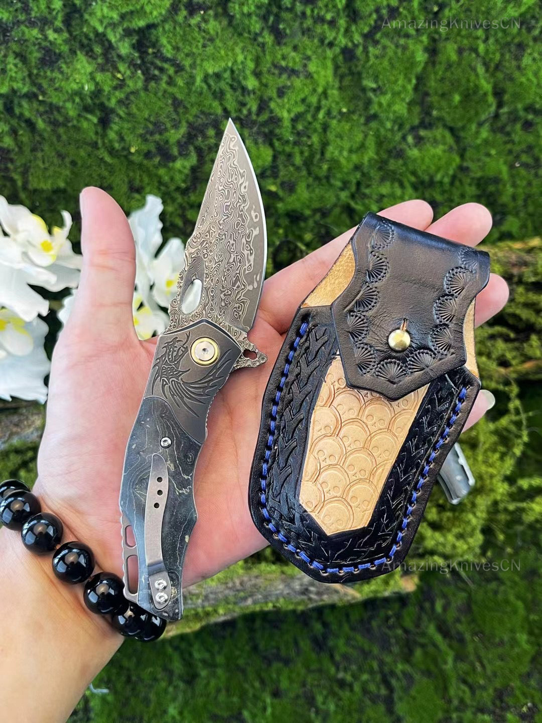 VG10 Damascus Steel Pocket Knife Hunting Knife Survival Folding Stable Wood Clip - AK-HT0954