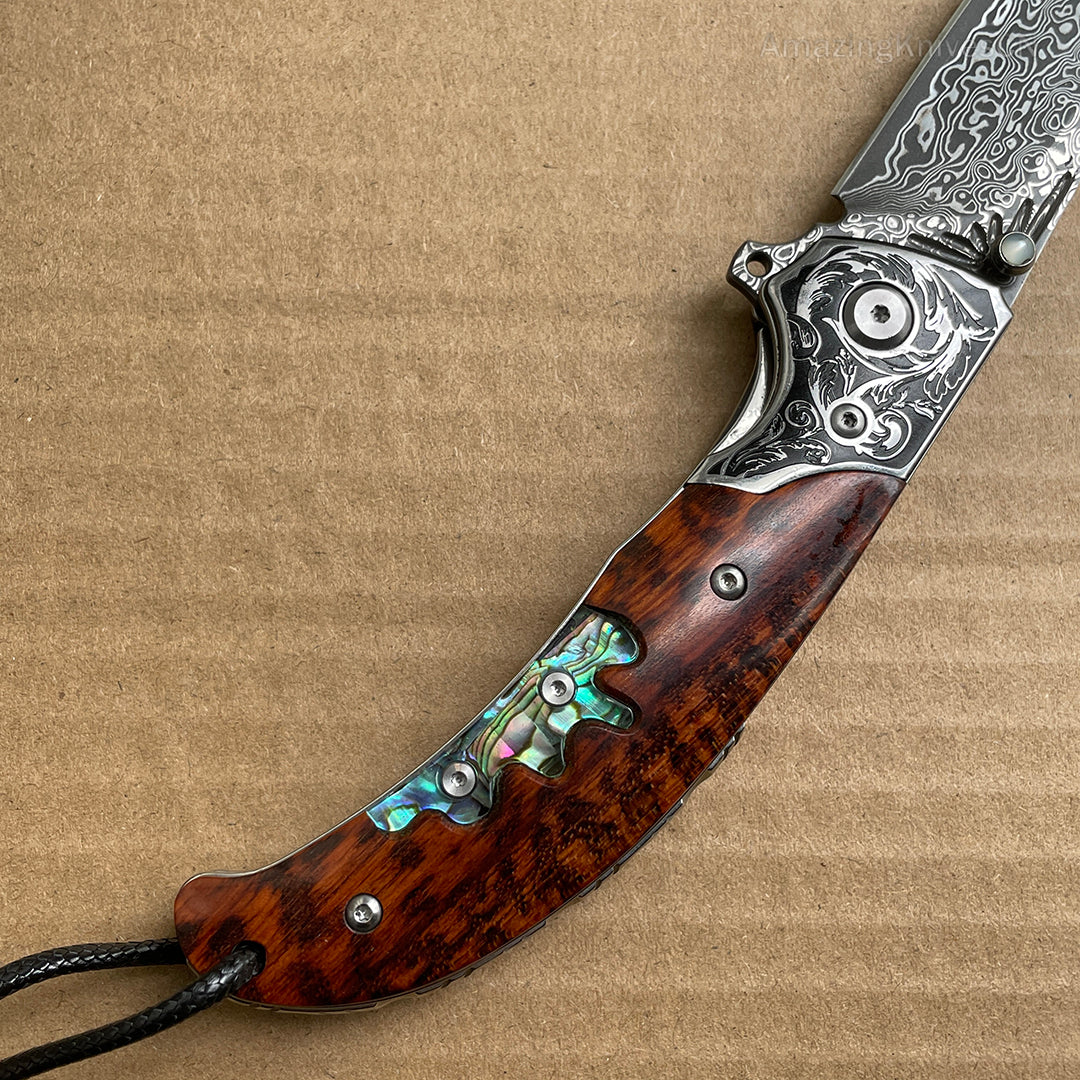 Japanese VG10 Damascus Pocket Knife Snakewood Outdoor Survival w/ Sheath - AK-HT0841