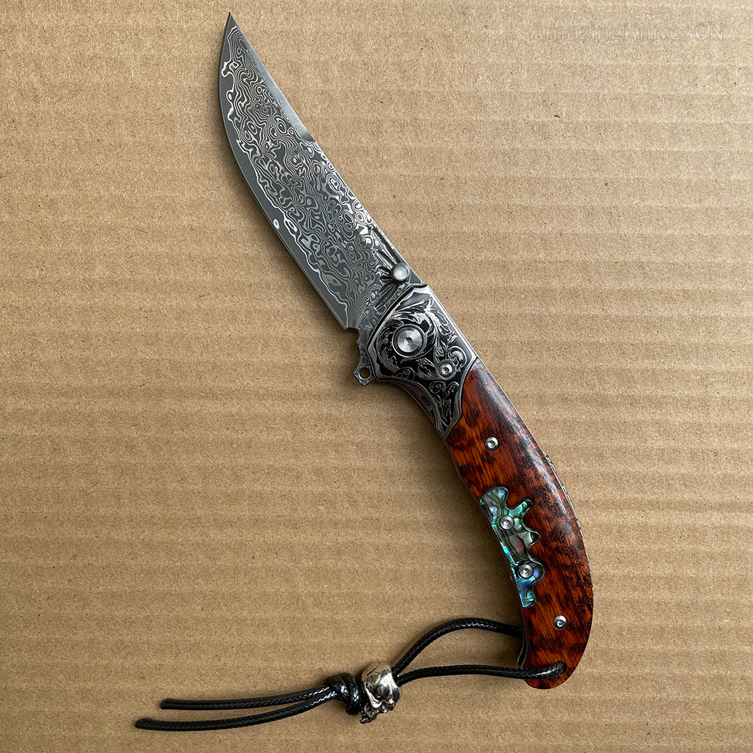 Japanese VG10 Damascus Pocket Knife Snakewood Outdoor Survival w/ Sheath - AK-HT0841