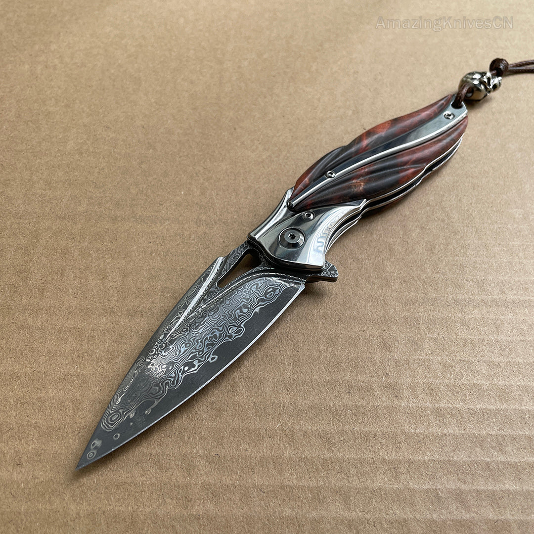 VG10 Damascus Folding Knife Pocket Outdoor EDC Flipper Wood Handle with Sheath - AK-HT0682-B