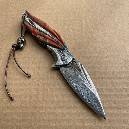 VG10 Damascus Folding Knife Pocket Outdoor EDC Flipper Wood Handle with Sheath - AK-HT0682-B
