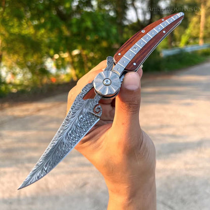 Handmade Collectible Feather Knife Damascus Survival Pocket Knife Ball Bearing - AK-HT0857