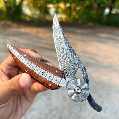 Handmade Collectible Feather Knife Damascus Survival Pocket Knife Ball Bearing - AK-HT0857