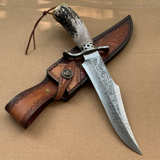 Handcrafted Damascus Hunting Fixed Blade Knife Survival Bowie with Stag Horn Handle - AK-HT0955