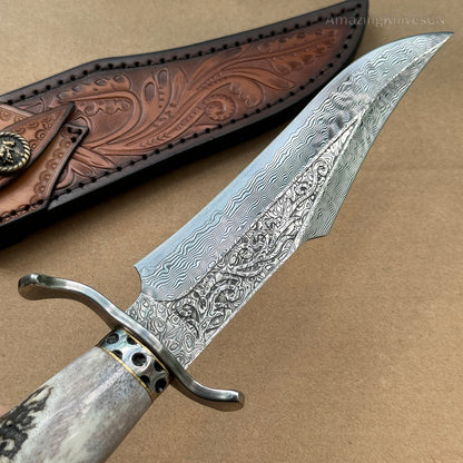 Handcrafted Damascus Hunting Fixed Blade Knife Survival Combat Stag Horn Handle - AK-HT0955