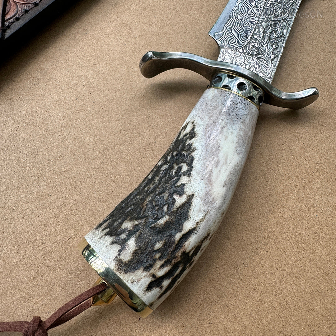 Handcrafted Damascus Hunting Fixed Blade Knife Survival Combat Stag Horn Handle - AK-HT0955