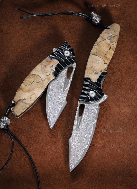 85 Layer Damascus Pocket Knife Hunting Rescue Survival Folding Wood Ball Bearing - AK-HT0859