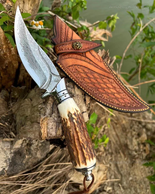 Damascus Survival knife Bowie Knife Hunting Knife Fixed Blade Stag Antler Sheath - AK-HT0746