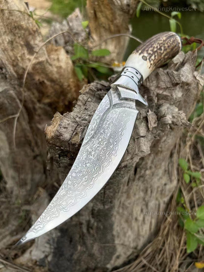 Damascus Survival knife Bowie Knife Hunting Knife Fixed Blade Stag Antler Sheath - AK-HT0746