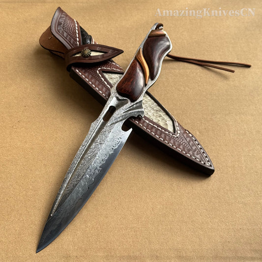 Japanese VG10 Damascus Steel Survival Hunting Knife Tactical Blood Grooved Full Tang - AK-HT0302