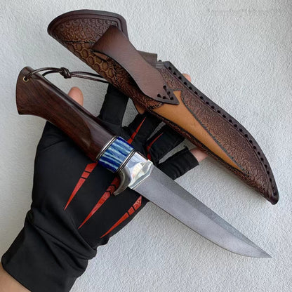 Handcrafted Wootz Steel Fixed Blade Bowie Collectible Knife Desert Ironwood Handle with Leather Sheath - AK-HT0957