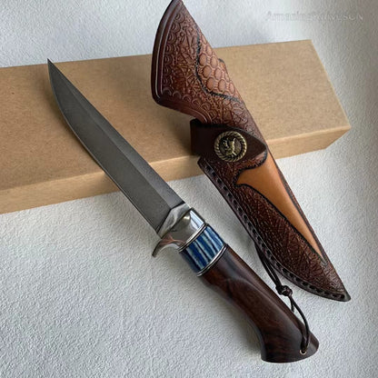 Handcrafted Wootz Steel Fixed Blade Bowie Collectible Knife Desert Ironwood Handle with Leather Sheath - AK-HT0957