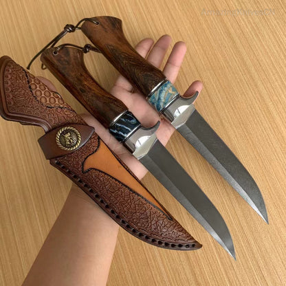 Handcrafted Wootz Steel Fixed Blade Bowie Collectible Knife Desert Ironwood Handle with Leather Sheath - AK-HT0957