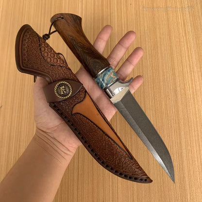 Handcrafted Wootz Steel Fixed Blade Bowie Collectible Knife Desert Ironwood Handle with Leather Sheath - AK-HT0957