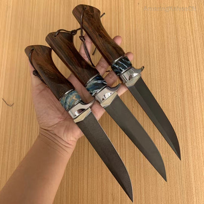 Handcrafted Wootz Steel Fixed Blade Bowie Collectible Knife Desert Ironwood Handle with Leather Sheath - AK-HT0957